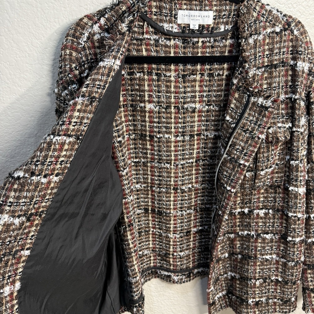 Tomorrowland Collarless Cotton Blend Brown Tweed Jacket Womens EU Size 40 (M) - Picture 2 of 6